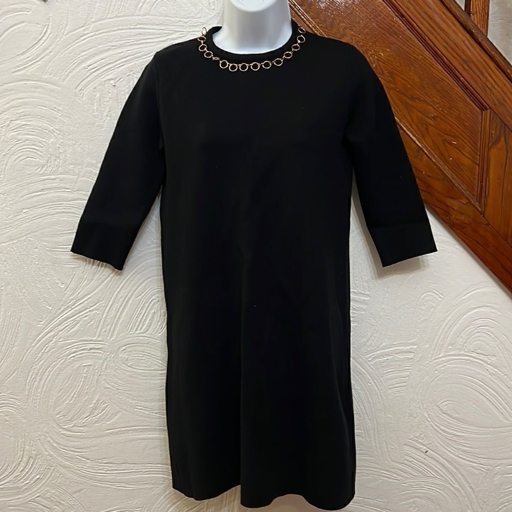 Zara Knit Dress Womens Black Gold Chain Neck Shift Mini S